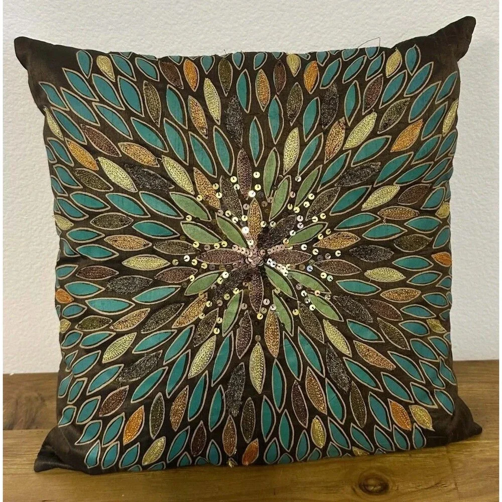Vintage Pier 1 Imports Embroidered Bohemian Brown Throw Pillow 16x16